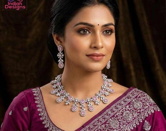American Diamond Silver Necklace & Earrings Wedding Jewelry set| Gift for her| Indian Jewelry|Statement Necklace|choker set with Pink stones