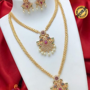 Gold Plated American Diamond CZ Haram Long & short necklace combo| South Indian Wedding Jewelry| AD Stone Ruby Emerald Pearl Drop Jewelry