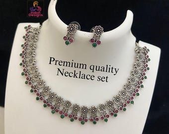 Indian Oxidized Choker Necklace Earring set| Oxidized German Silver Jewelry| Antique Necklace with Earrings by Indian Designs| Gift for her
