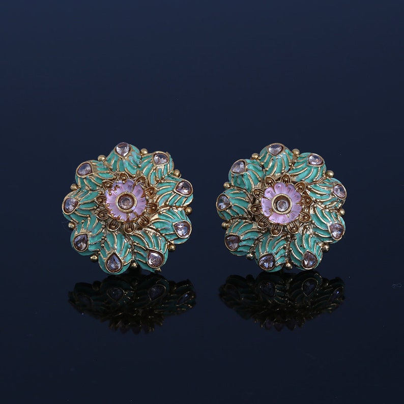 Kundan White Meena Floral Hand Painted Stud Earrings for Women