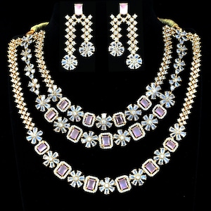 Bridal CZ Layered Necklace Set| American Diamond Wedding Jewelry| Multi-Layered Choker & Earrings| Available in White, Red or Pink Stones