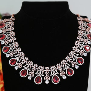 Super Deal! - Rose Gold American Diamond Crimson TearDrop and Floral Crystal necklace| Wedding Necklace jewelry| Indian Bollywood jewelry