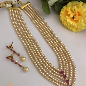 Multi strand pearl layered necklace| 5 strand rani haar with earrings| minimalist indian wedding necklace| ruby green stone| gift for her