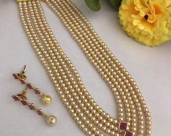Multi strand pearl layered necklace| 5 strand rani haar with earrings| minimalist indian wedding necklace| ruby green stone| gift for her