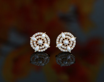 Small Light Weight Gold Plated AD stone Pearl stud Earrings tops | Crystal pearl and CZ Earrings | Trendy Stud earrings |