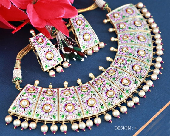 Hand Painted Meenakari Choker Designs Rajasthani Meenakari Jewelry Collection Kundan Pearl Necklace Online Indian Wedding Choker Set Etsy