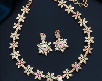 Collana con orecchini in oro con zirconi cubici floreali, rubino e smeraldo/collana indiana importante/gioielli americani con diamanti/collana placcata in oro con pietra preziosa
