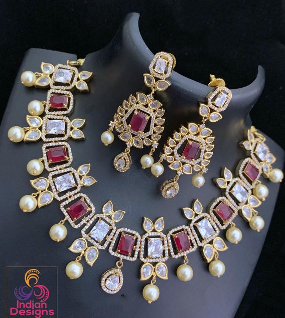 American Diamond Jewelry MultiColor stone Necklace Bollywood choker necklace set Indian fashion jewelry online USA CZ Necklace Earrings