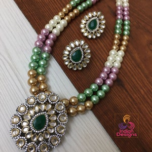 Long beaded Kundan necklace |Indian Victorian necklace with Emerald stone |Pakistani jewelry|Multi color beads long mala with Kundan pendant