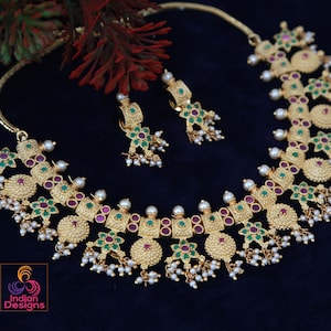Traditional Matte Finish AD stone Necklace set|South indian wedding Guttapusalu Necklace | Gold plated American Diamond Ruby & emerald set