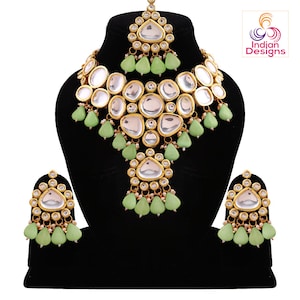 Conjunto de joyería nupcial Kundan pesado con Maang Tikka / Conjunto de joyería nupcial Kundan rosa / Conjunto de joyería nupcial menta / Joyería Kundan india auténtica