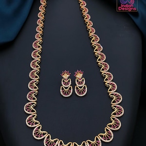 American diamond long necklace set| ruby, emerald & white variants| matte gold south indian jewelry| lightweight ad necklace| gift for her