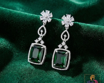Silver American Diamond Earrings| Rectangular Cushion Cut CZ Drop| Floral Stud Dangle|Indian Wedding Jewelry|Emerald Ruby Sapphire Mint Pink