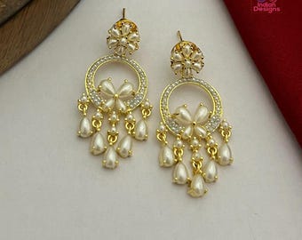 Gold Plated Pearl Drop Earrings with Ruby, Emerald, & Turquoise AD Stones| Floral Design Chandbalis|Pearl statement Earrings| Gift for her