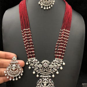 Multi-strand silver pendant necklace set with matching earrings - available in green, red, and black beads| statement silver necklace