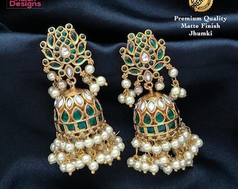 Matte Gold Finish Jhumki Earrings| Traditional Green Stone Jhumkas| Ruby Green Pearl Drop Jhumka| Antique Look Temple Jewelry| Gift for her