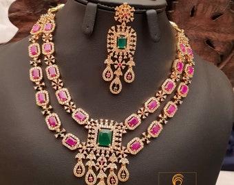 Exclusive Gold Plated American Diamond necklace with Emerald cut Ruby stones| Two layer AD necklace Indian Wedding jewelry set| Gift for her