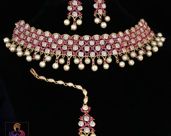 Gold Plated American Diamond Choker necklace set| Pink Ruby and Pearl Bridal Jewelry Set with Earrings and Maang Tikka| Statement Choker set