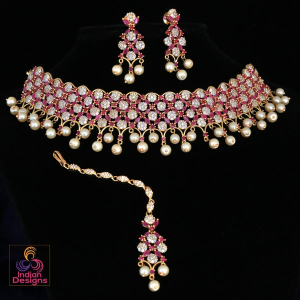 Gold Plated American Diamond Choker necklace set| Pink Ruby and Pearl Bridal Jewelry Set with Earrings and Maang Tikka| Statement Choker set