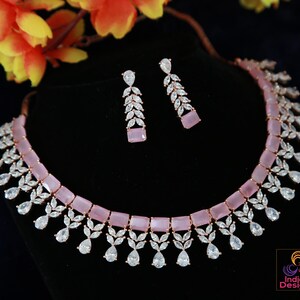 Rose Gold American Diamant Halskette Ohrringe Set | CZ Rosa AD Hochzeit Choker Set| Indischer Schmuck | Geschenk für sie