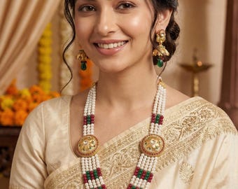 Kundan Pearl Necklace Set| Indian Jewelry| Pearl Choker Set| Emerald Wedding Jewelry| Ethnic Jhumka, Sabyasachi Inspired Set| Gift for her