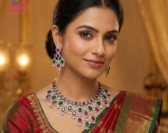 Ruby Green CZ Bridal Necklace Set| Indian Wedding Jewelry for Brides| American Diamond Silver tone Choker Necklace & Earrings| Gift for her
