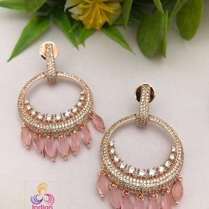 Chandbali earrings designs in gold polish with low price | rose gold cz chandbali | indian wedding earrings | fashion bollywood earrings afbeelding 2