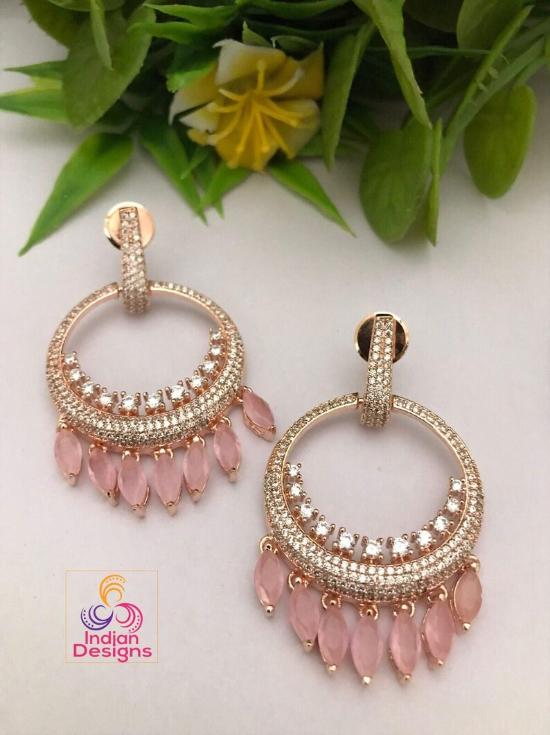 Chandbali earrings designs in gold polish with low price | rose gold cz chandbali | indian wedding earrings | fashion bollywood earrings afbeelding 2