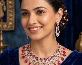 Indian CZ Choker Necklace Set with Earrings| Bollywood Bridal Jewelry| Rose Gold American Diamond Necklace| Wedding Statement Jewelry Set