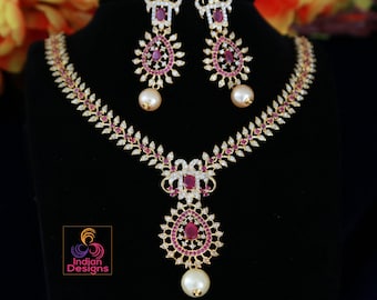 Gold Plated Ruby & Pearl Necklace Set with AD Stones| American Diamond Wedding Jewelry Set| Statement Bridal Necklace| CZ Diamond Necklace