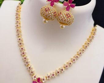 American diamond necklace Exclusive design | Floral emerald pendant necklace | Indian Cz necklace and earring sets | Jhumka necklace set