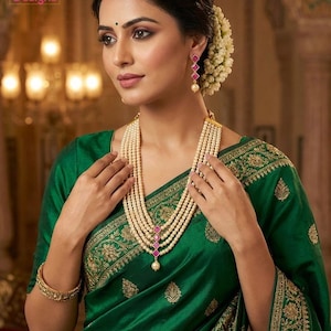 Multi strand pearl layered necklace| 5 strand rani haar with earrings| minimalist indian wedding necklace| ruby green stone| Faux Pearl Set