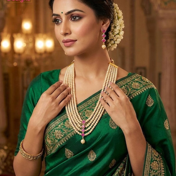 Multi strand pearl layered necklace| 5 strand rani haar with earrings| minimalist indian wedding necklace| ruby green stone| Faux Pearl Set
