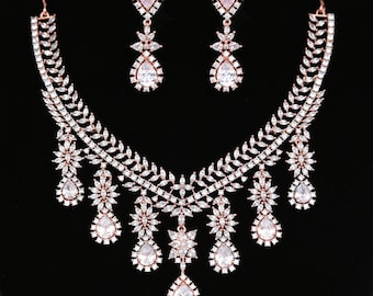 Rose gold cz white stones necklace - statement jewelry american diamond jewelry for indian and pakistani bridal, bollywood and indian weddin