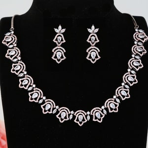 American Diamond Rose Gold necklace with Oxidized Polish | Bell Design CZ Diamond Designer necklace | High Grade American Diamond Necklaces