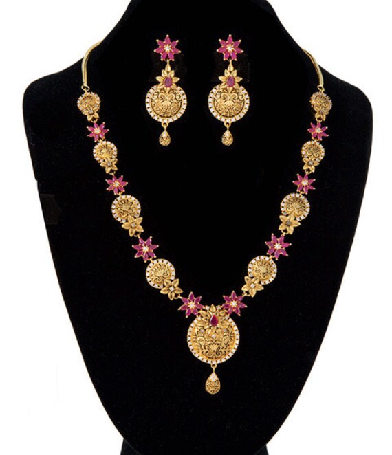 AD Stones Floral Design Indian Antique Imitation Jewellery Gold