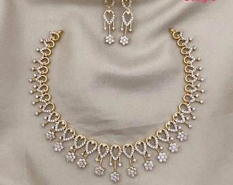 American Diamond Floral Dangle Necklace Set with Earrings| Gold Plated CZ Heart-Loop Long/Short Necklace| Bridal Wedding Party Wear Jewelry