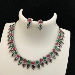 Oxidized silver necklace set | german silver necklace set india | antique finish silver choker necklace | black polish american diamond set Ruby|Emerald