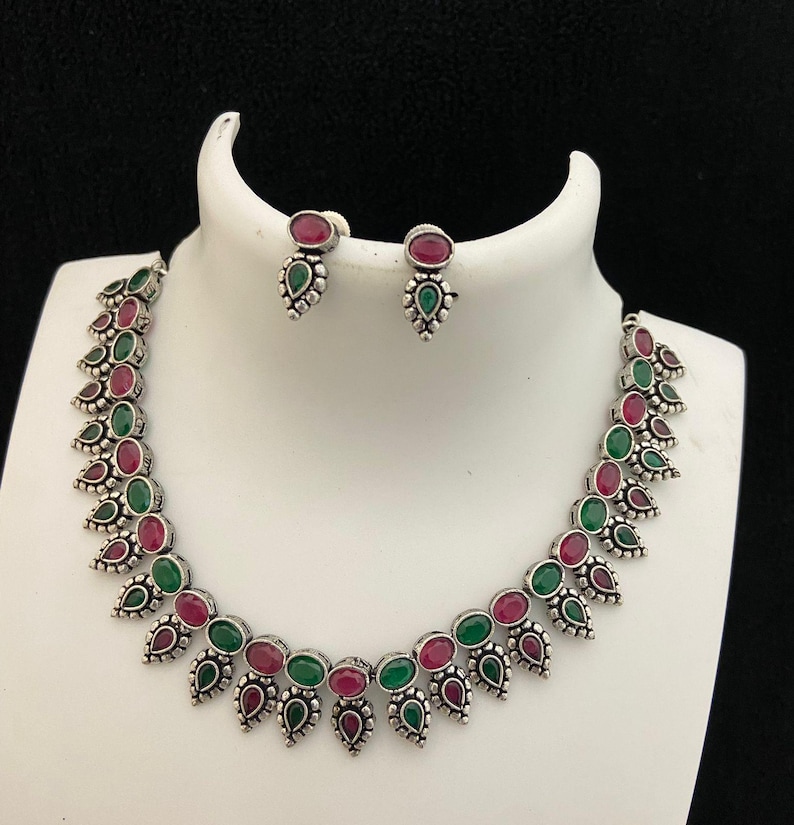Oxidized silver necklace set | german silver necklace set india | antique finish silver choker necklace | black polish american diamond set Ruby|Emerald