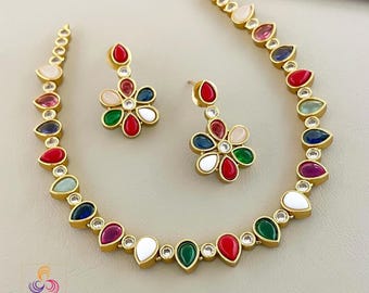 Navaratna Style Multicolor Necklace Earrings Set| Gold Plated Ethnic Jewelry| Indian jewelry| Light-weight Party wear jewelry| Gift for her