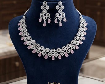 CZ Diamond Necklace Set| Indian Pakistani Jewelry| Mint/Pink Stone Choker| Bollywood Jewelry| Reception Party-wear Necklace with Earrings