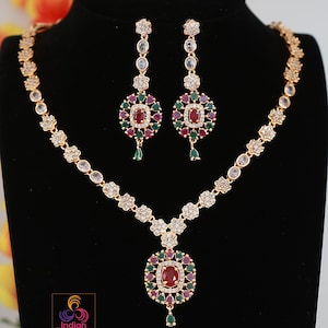 CZ Stone Ruby Necklace Set with Earrings| Gold Plated American Diamond Wedding Jewelry| Indian Wedding Jewelry| Festive Necklace Gift Set