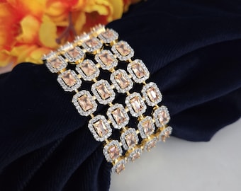 Gold-plated cuff bracelet with intricate diamond-cut design| elegant open bangle for women| statement fashion bangle| luxury cz gold bangle