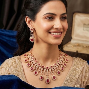 Ruby American Diamond Necklace Set| Gold CZ Bridal Choker| Indian Wedding Jewelry| Diamond Look Statement Necklace| Gift for her