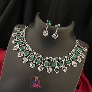 Traditional Indian Silver Oxidized Choker Necklace with Multicolor Gemstones & Matching Earrings Set| German Silver jewelry | Gift for her