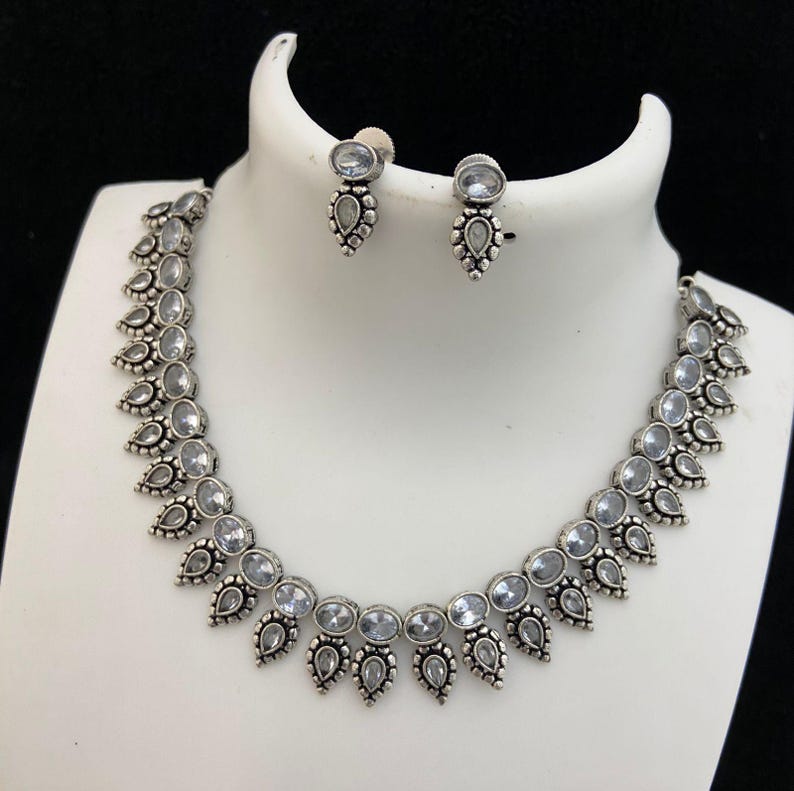Oxidized silver necklace set | german silver necklace set india | antique finish silver choker necklace | black polish american diamond set White