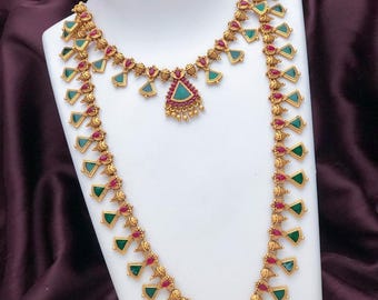 Matte Gold Green and Pink Palakka Mala Necklace combo| Traditional Jewelry| Indian wedding necklace set| Temple Jewelry| Statement necklace