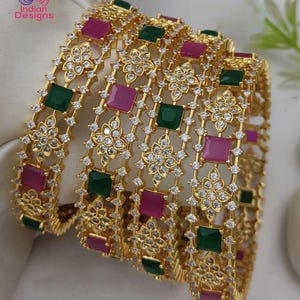 Gold plated bangles set| gold plated ruby emerald ad stone kada bracelets set of 4| traditional bridal party wear bangles| gift for her
