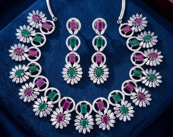 American Diamond Statement Necklace and Earrings Set| Emerald Ruby / Champagne Stone Bridal Jewelry| Indian Wedding Choker Set| gift for her