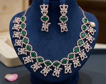 Rose Gold Emerald Green Necklace Set with Earrings| American Diamond Jewelry Set| Indian Bridal Jewelry| Wedding Necklace| Gift for her
